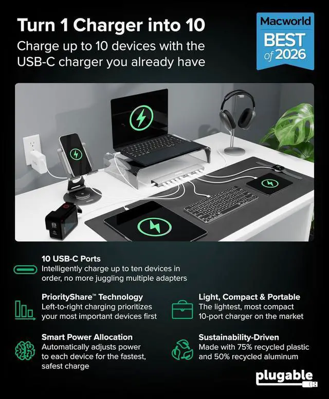 Alt view image 2 of 7 - Plugable 10 Port USB C Charging Station, Up to 100W Charger for Multiple Devices with Priority Charging, Desktop Power Hub for USBC Devices Including Laptops Phones Tablets Earbuds and More (PS-10CC)