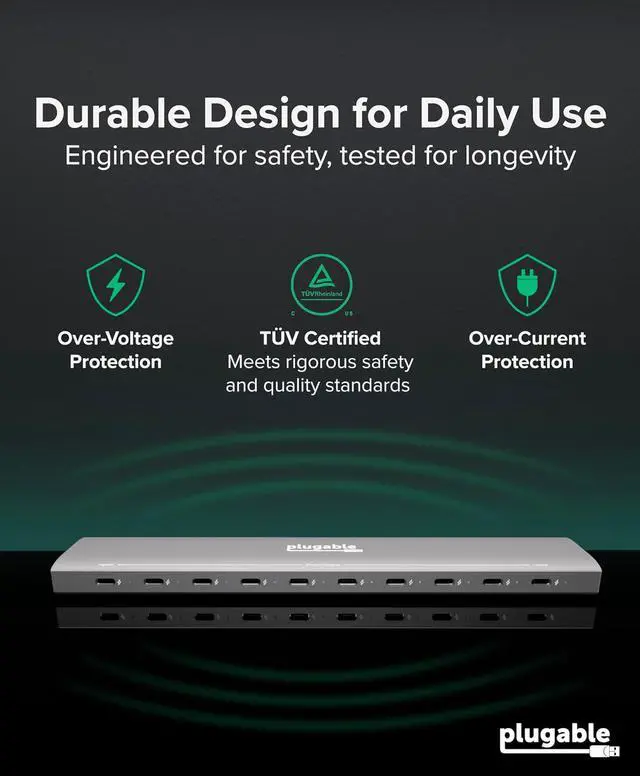 Alt view image 6 of 7 - Plugable 10 Port USB C Charging Station, Up to 100W Charger for Multiple Devices with Priority Charging, Desktop Power Hub for USBC Devices Including Laptops Phones Tablets Earbuds and More (PS-10CC)