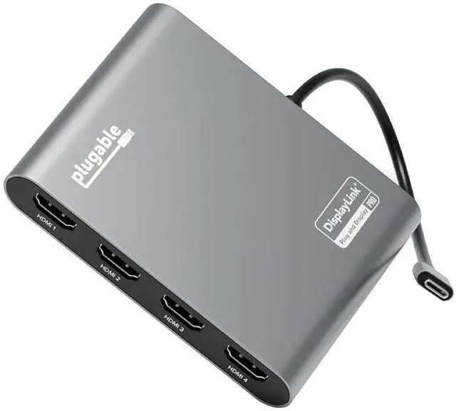 Main image of Plugable USB C to Quad HDMI 4K Adapter with 100W PD Pass-Though Power Delivery for Windows, Mac M1/M2/M3/M4, Thunderbolt, and USB-C Laptops | TAA, DisplayLink Pro, Driver Required (USBC-7400H4)