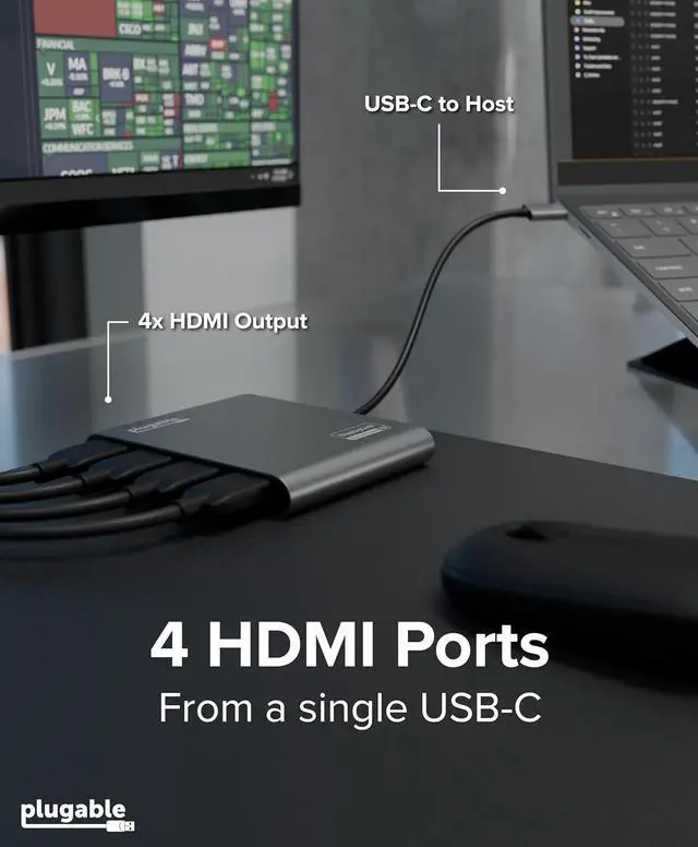 Alt view image 4 of 7 - Plugable USB C to Quad HDMI 4K Adapter with 100W PD Pass-Though Power Delivery for Windows, Mac M1/M2/M3/M4, Thunderbolt, and USB-C Laptops | TAA, DisplayLink Pro, Driver Required (USBC-7400H4)