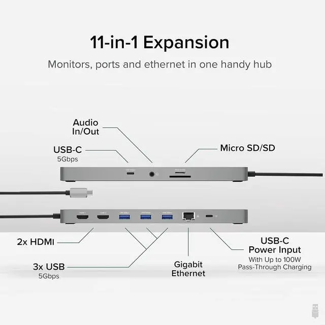 Alt view image 2 of 7 - Plugable 11-in-1 USB-C Hub, 100W USB-C Pass-Through, Laptop Docking Station Dual Monitor, 4K 60Hz HDMI, Compatible with Thunderbolt, Windows, Chromebooks, Displays Mirrored on Mac