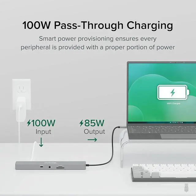 Alt view image 4 of 7 - Plugable 11-in-1 USB-C Hub, 100W USB-C Pass-Through, Laptop Docking Station Dual Monitor, 4K 60Hz HDMI, Compatible with Thunderbolt, Windows, Chromebooks, Displays Mirrored on Mac