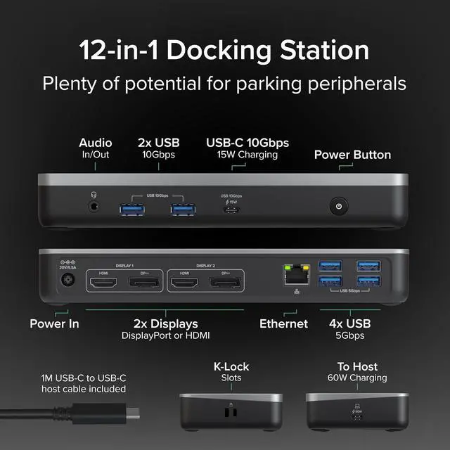 Alt view image 3 of 7 - Plugable 12-in-1 Dual 4K USB-C Docking Station, Works with Chromebook Certified, 60W Charging for Classrooms & Business, ChromeOS/Windows, HDMI, DisplayPort, Ethernet, USB-C, 6X USB