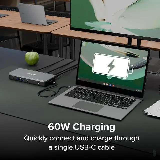 Alt view image 4 of 7 - Plugable 12-in-1 Dual 4K USB-C Docking Station, Works with Chromebook Certified, 60W Charging for Classrooms & Business, ChromeOS/Windows, HDMI, DisplayPort, Ethernet, USB-C, 6X USB