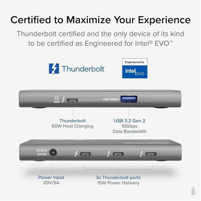 Alt view image 2 of 7 - Plugable 5-in-1 Thunderbolt 4 Hub,Single 8K or Dual 4K Display, 4K HDMI Adapter Included, Thunderbolt 4/3, USB4,USB-C Expansion for Modern Mac and Windows Systems, Driverless