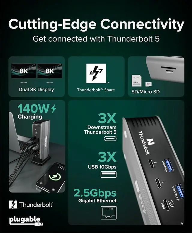 Alt view image 2 of 7 - Plugable Thunderbolt 5 Docking Station for MacBook Pro and Windows, 140W Charging, Dual 6K@60Hz Mac, Dual 8K Windows, 80/120Gbps, 3X Thunderbolt 5 Ports, 2.5GbE, Driverless (TBT-UDT3)