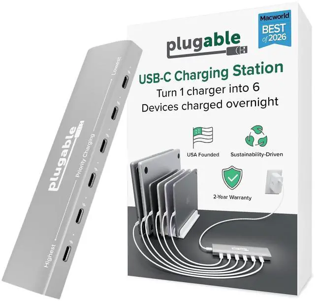 Main image of Plugable 6 Port USB C Charging Station, Up to 100W Charger for Multiple Devices with Priority Charging, Desktop Power Hub for USBC Devices Including Laptops Phones Tablets Earbuds and More (PS-6CC)