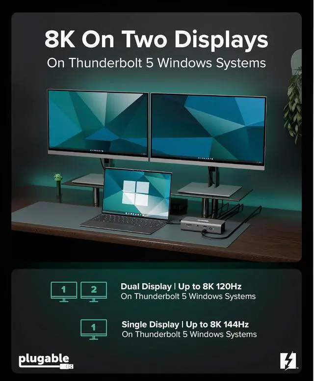 Alt view image 4 of 7 - Plugable Thunderbolt 5 Docking Station for MacBook Pro and Windows, 140W Charging, Dual 6K@60Hz Mac, Dual 8K Windows, 80/120Gbps, 3X Thunderbolt 5 Ports, 2.5GbE, Driverless (TBT-UDT3)