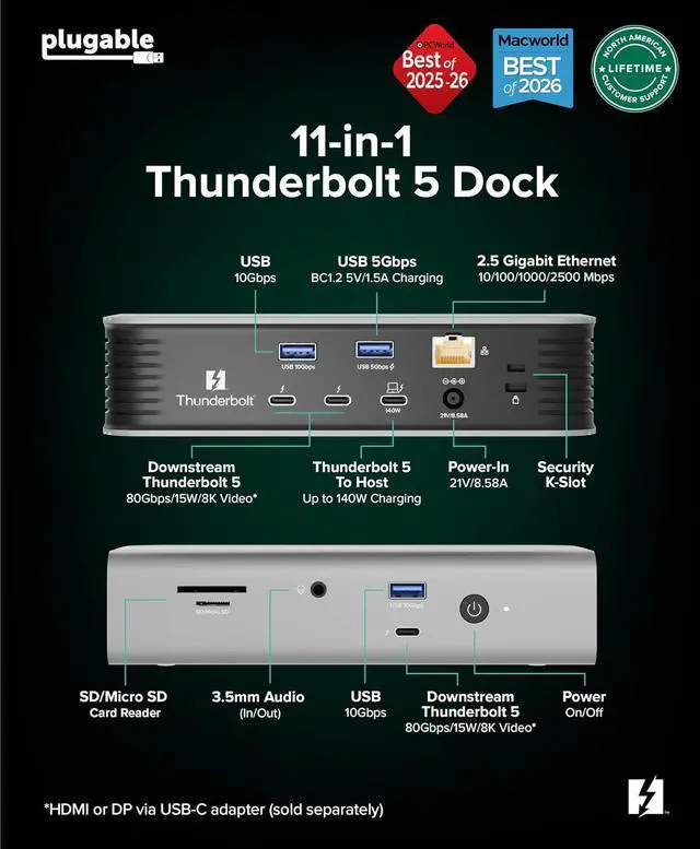 Alt view image 5 of 7 - Plugable Thunderbolt 5 Docking Station for MacBook Pro and Windows, 140W Charging, Dual 6K@60Hz Mac, Dual 8K Windows, 80/120Gbps, 3X Thunderbolt 5 Ports, 2.5GbE, Driverless (TBT-UDT3)