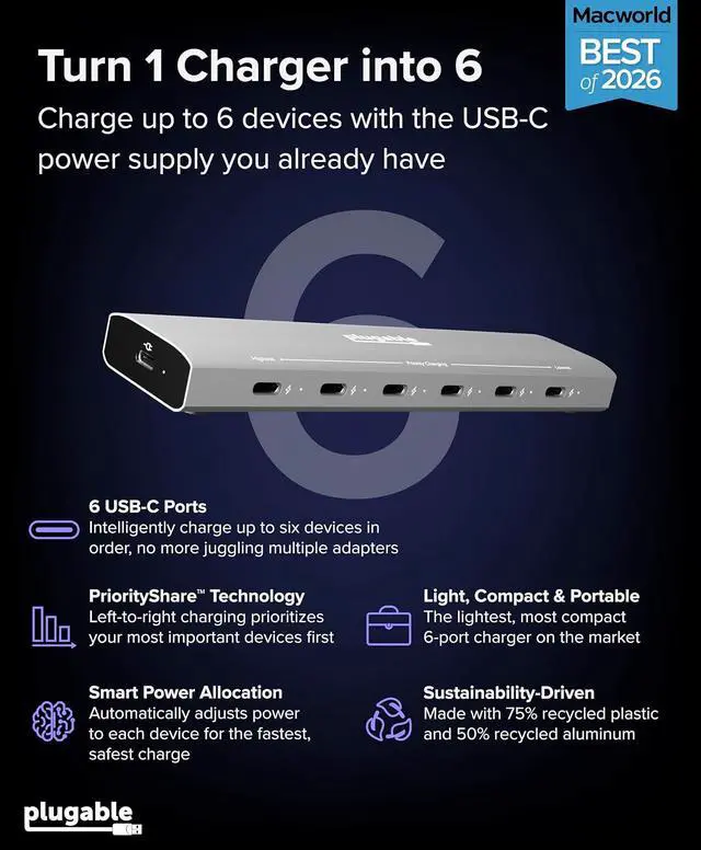 Alt view image 2 of 7 - Plugable 6 Port USB C Charging Station, Up to 100W Charger for Multiple Devices with Priority Charging, Desktop Power Hub for USBC Devices Including Laptops Phones Tablets Earbuds and More (PS-6CC)