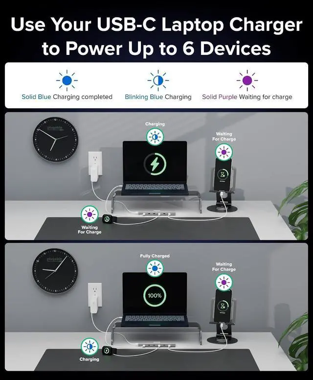 Alt view image 3 of 7 - Plugable 6 Port USB C Charging Station, Up to 100W Charger for Multiple Devices with Priority Charging, Desktop Power Hub for USBC Devices Including Laptops Phones Tablets Earbuds and More (PS-6CC)