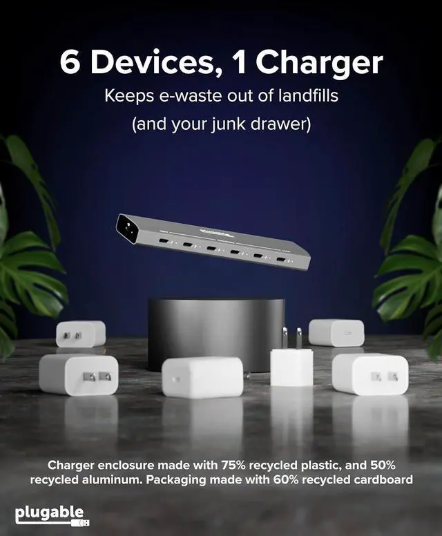Alt view image 7 of 7 - Plugable 6 Port USB C Charging Station, Up to 100W Charger for Multiple Devices with Priority Charging, Desktop Power Hub for USBC Devices Including Laptops Phones Tablets Earbuds and More (PS-6CC)