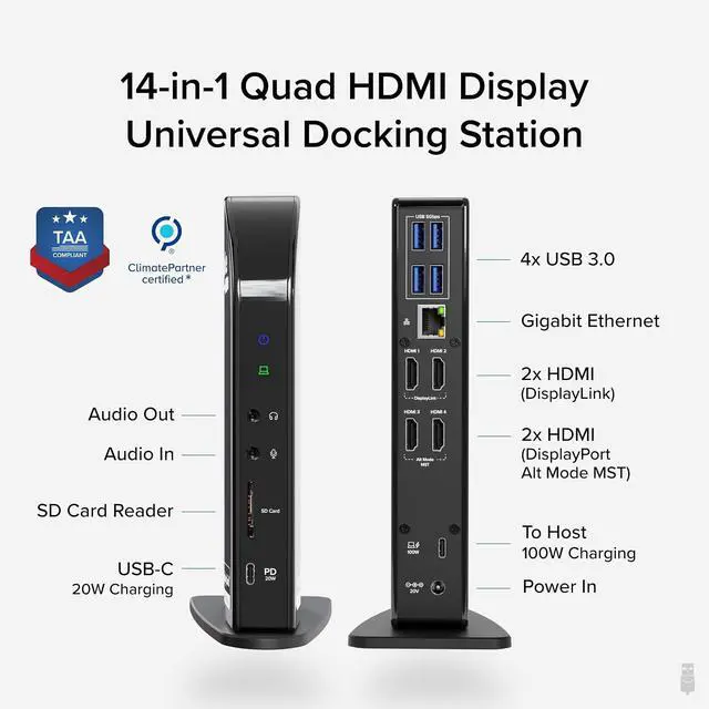 Alt view image 2 of 7 - Plugable 14-in-1 USB C Docking Station | 4X HDMI Quad Dock with 100W Charging, HDMI Displays | Compatible with Windows, Thunderbolt (4X USB, 1x USB-C, Ethernet, SD Card, Audio) UD-3900C4