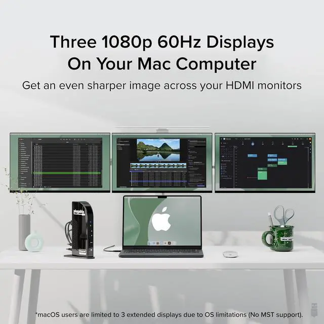 Alt view image 4 of 7 - Plugable 14-in-1 USB C Docking Station | 4X HDMI Quad Dock with 100W Charging, HDMI Displays | Compatible with Windows, Thunderbolt (4X USB, 1x USB-C, Ethernet, SD Card, Audio) UD-3900C4