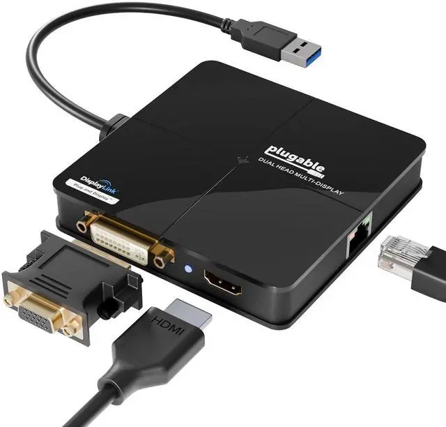 Main image of Plugable USB 3.0 Laptop Docking Station Dual Monitor (HDMI & DVI/VGA), Gigabit Ethernet, Audio, USB Hub - Compatible with Windows & Mac