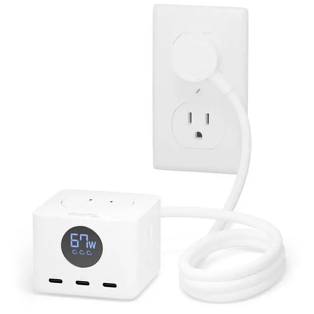 Main image of Plugable 67W USB C Power Strip, Charging Station Extension Cord with Multiple Outlets, Flat Wall Plug and Watt Meter, 3X USB-C, 3X AC Power Outlets for iPhone 16, Travel, Office, 5ft (PS3-METERC3)