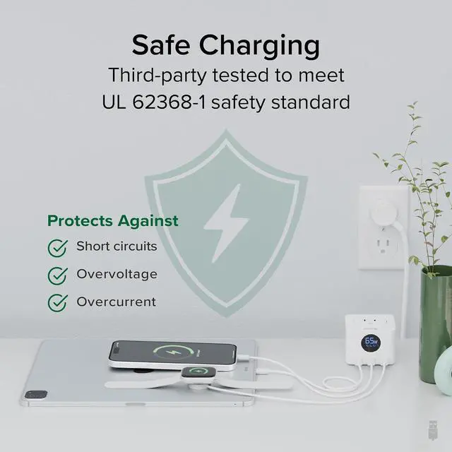 Alt view image 4 of 7 - Plugable 67W USB C Power Strip, Charging Station Extension Cord with Multiple Outlets, Flat Wall Plug and Watt Meter, 3X USB-C, 3X AC Power Outlets for iPhone 16, Travel, Office, 5ft (PS3-METERC3)