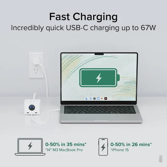 Alt view image 3 of 7 - Plugable 67W USB C Power Strip, Charging Station Extension Cord with Multiple Outlets, Flat Wall Plug and Watt Meter, 3X USB-C, 3X AC Power Outlets for iPhone 16, Travel, Office, 5ft (PS3-METERC3)