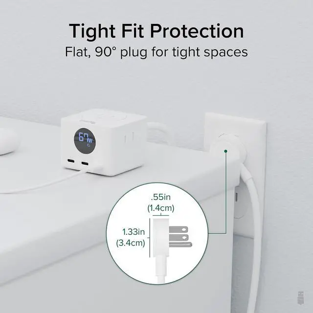 Alt view image 5 of 7 - Plugable 67W USB C Power Strip, Charging Station Extension Cord with Multiple Outlets, Flat Wall Plug and Watt Meter, 3X USB-C, 3X AC Power Outlets for iPhone 16, Travel, Office, 5ft (PS3-METERC3)