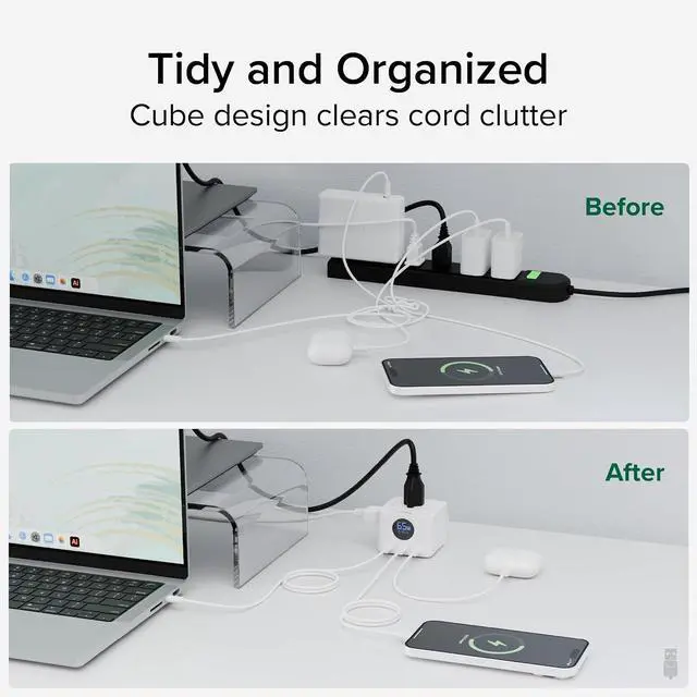Alt view image 6 of 7 - Plugable 67W USB C Power Strip, Charging Station Extension Cord with Multiple Outlets, Flat Wall Plug and Watt Meter, 3X USB-C, 3X AC Power Outlets for iPhone 16, Travel, Office, 5ft (PS3-METERC3)