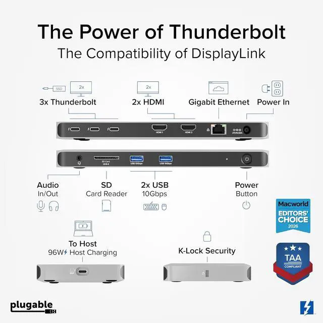 Alt view image 2 of 7 - Plugable Thunderbolt 4 Dock for Quad Monitors 100W, Thunderbolt Docking Station Connects up to Four 4K Monitors for Windows and Mac Laptops, 2x HDMI, 4x Thunderbolt 4/USB C, Driver Required TBT-6950PD