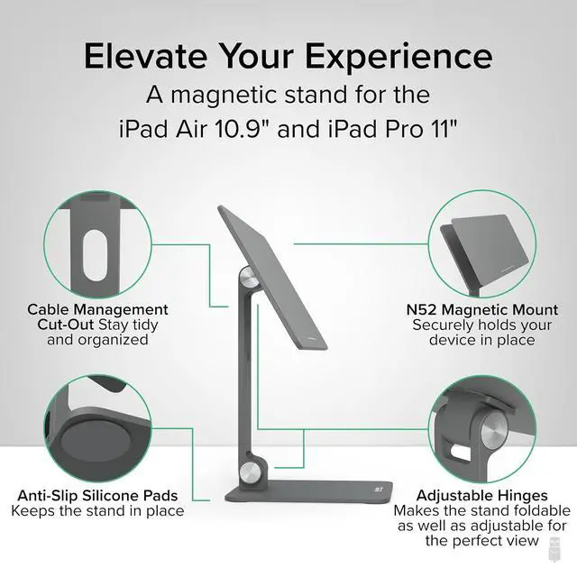 Alt view image 2 of 6 - Plugable Magnetic Tablet Holder for iPad Pro 11 (1st/2nd/3rd/4th Gen, M2) iPad Air 10.9/11 (4th/5th Gen, M2), MagSafe Compatible, Portable Foldable 360° Rotating Stand (AMS-STAND11)