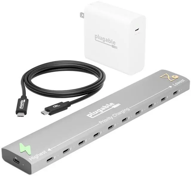 Main image of Plugable Charging Bundle: 10-Port USB-C Charging Station, 140W GaN Charger, and 240W USB-C Cable for Laptops, Phones, Tablets and More