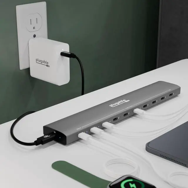 Alt view image 2 of 7 - Plugable Charging Bundle: 10-Port USB-C Charging Station, 140W GaN Charger, and 240W USB-C Cable for Laptops, Phones, Tablets and More