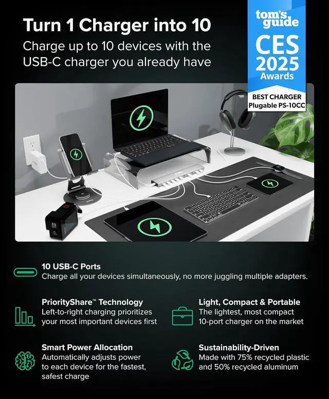 Alt view image 3 of 7 - Plugable Charging Bundle: 10-Port USB-C Charging Station, 140W GaN Charger, and 240W USB-C Cable for Laptops, Phones, Tablets and More