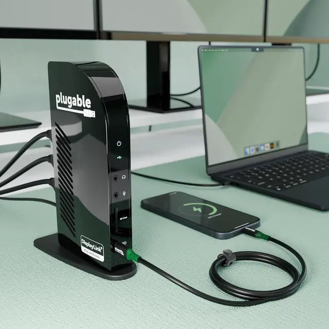 Alt view image 2 of 7 - Plugable Docking Station Bundle 13-in-1 USB-C Triple Display Dock + High-Performance USB-C Cable, 100W Host Charging, 3 HDMI, 4 USB, Ethernet, SD - for Mac, Windows, Chrome