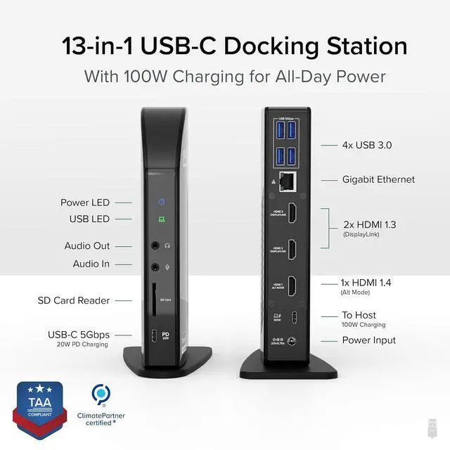 Alt view image 3 of 7 - Plugable Docking Station Bundle 13-in-1 USB-C Triple Display Dock + High-Performance USB-C Cable, 100W Host Charging, 3 HDMI, 4 USB, Ethernet, SD - for Mac, Windows, Chrome