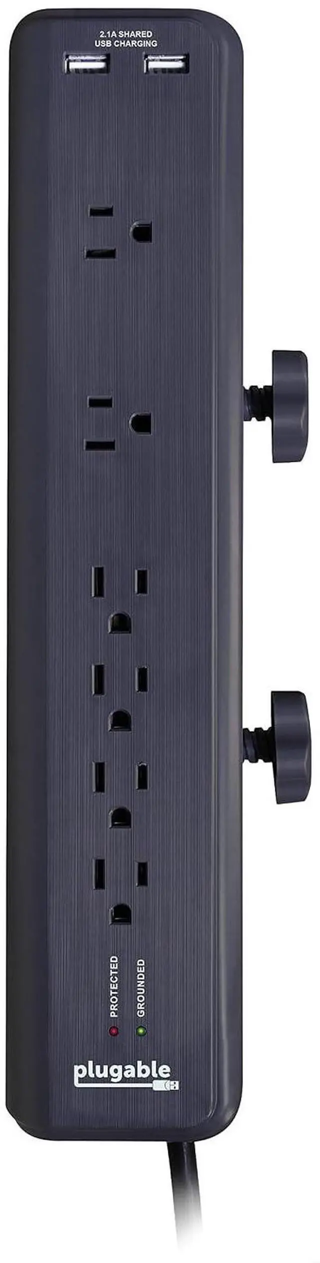Main image of Plugable 6 AC Outlet Surge Protector with Clamp Mount for Workbench or Desk. Built-in 10.5W 2-Port USB Power for Android, Apple iOS, and Windows Mobile Devices