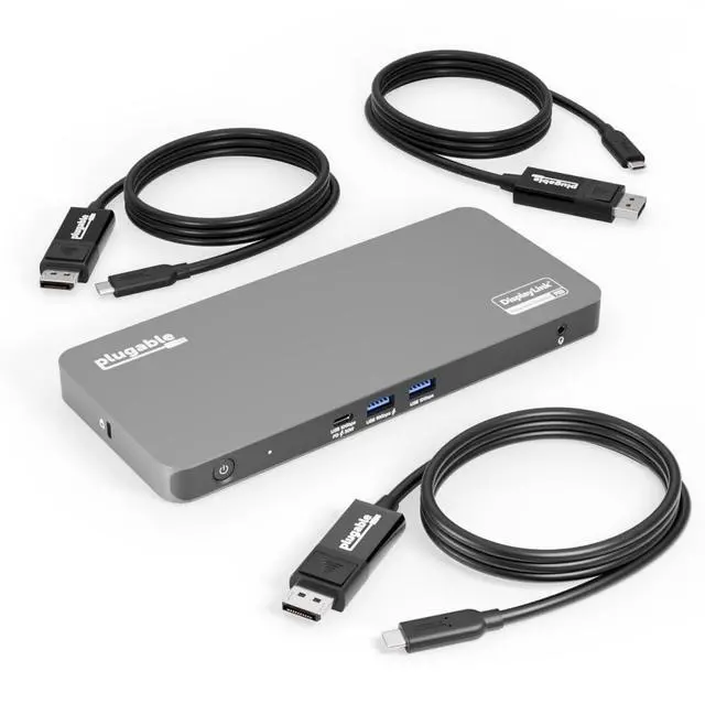 Main image of Plugable 5 Monitor USB-C Docking Station with 140W Power + 3X USB-C to DisplayPort 4K@60Hz Cables (6ft) Complete Multimonitor Dock Bundle for Mac and Windows