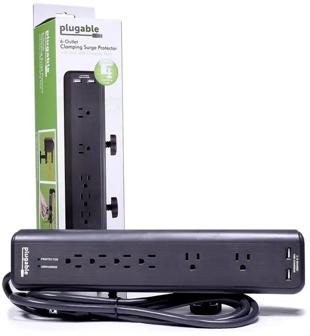 Alt view image 4 of 4 - Plugable 6 AC Outlet Surge Protector with Clamp Mount for Workbench or Desk. Built-in 10.5W 2-Port USB Power for Android, Apple iOS, and Windows Mobile Devices
