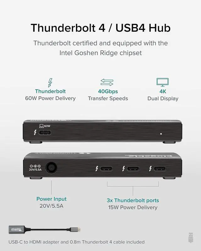 Alt view image 2 of 7 - Plugable Thunderbolt 4 Hub Bundle with USB-C to 4K HDMI Adapter, 4-in-1 Hub Offers 60W Laptop Charging, Compatible with Mac, Windows Laptops, Thunderbolt 3 or 4, USB4 Device