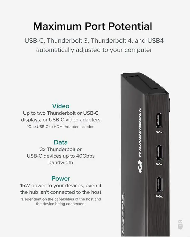 Alt view image 3 of 7 - Plugable Thunderbolt 4 Hub Bundle with USB-C to 4K HDMI Adapter, 4-in-1 Hub Offers 60W Laptop Charging, Compatible with Mac, Windows Laptops, Thunderbolt 3 or 4, USB4 Device