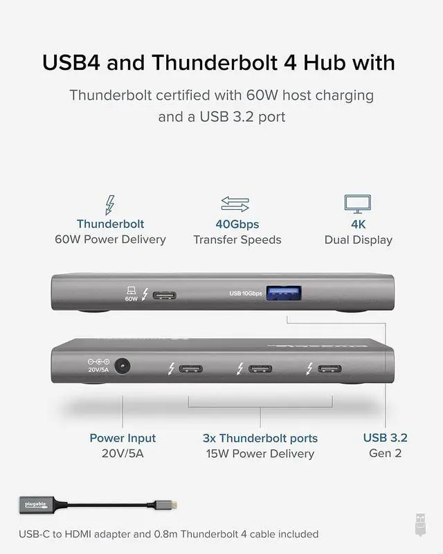 Alt view image 3 of 7 - Plugable USB4 Hub Bundle with 2X USB-C to 4K HDMI Adapters, 5-in-1 Hub Offers 60W Charging, Single 8K or Dual 4K Display, Compatible with Thunderbolt 4/3 Macs and Thunderbolt 4 Windows