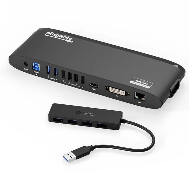Main image of Plugable Universal Docking Station with Dual Monitor Support, HDMI/DVI/VGA and 4-Port USB 3.0 Hub Bundle Expand Connectivity for Laptops, MacBooks, and PCs with USB C/USB 3.0 Compatibility