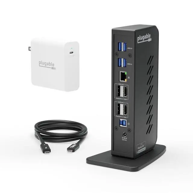 Alt view image 2 of 7 - Plugable USB 3.0 and USB-C Dual 4K Display Docking Station with 140W Replacement Charger and 240W Thunderbolt 4 Cable Bundle