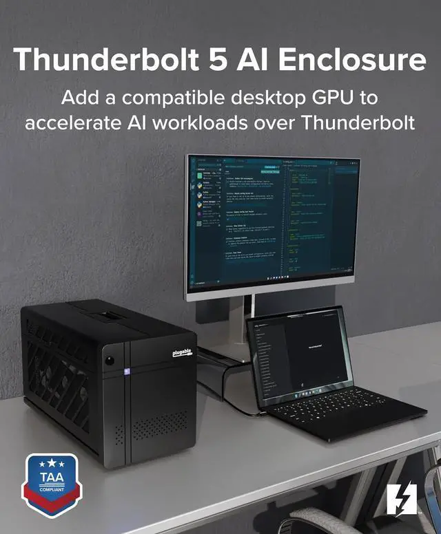 Alt view image 2 of 7 - Plugable Thunderbolt 5 AI eGPU Enclosure & Dock: 80Gbps, 850W PSU Included, TAA Compliant for Windows 11, NVIDIA and AMD Cards (96W Power Delivery, 2.5Gbps Ethernet, 850W PSU, USB Hub) TBT5-AI