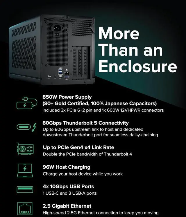 Alt view image 3 of 7 - Plugable Thunderbolt 5 AI eGPU Enclosure & Dock: 80Gbps, 850W PSU Included, TAA Compliant for Windows 11, NVIDIA and AMD Cards (96W Power Delivery, 2.5Gbps Ethernet, 850W PSU, USB Hub) TBT5-AI
