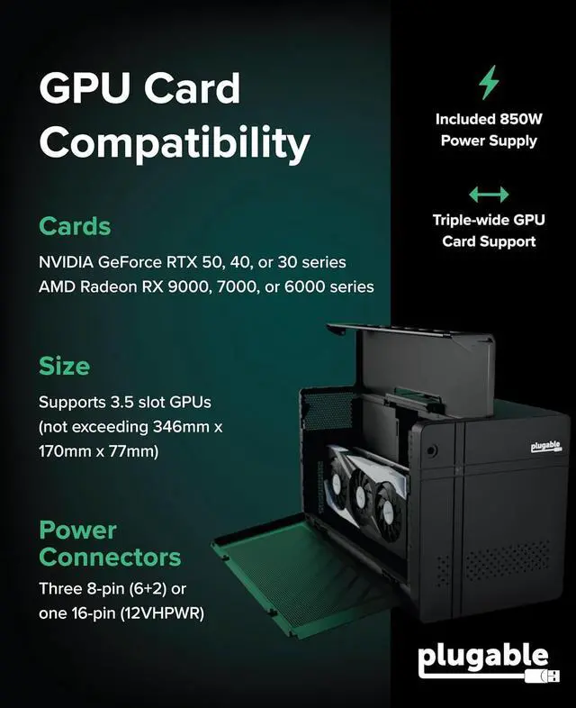 Alt view image 5 of 7 - Plugable Thunderbolt 5 AI eGPU Enclosure & Dock: 80Gbps, 850W PSU Included, TAA Compliant for Windows 11, NVIDIA and AMD Cards (96W Power Delivery, 2.5Gbps Ethernet, 850W PSU, USB Hub) TBT5-AI