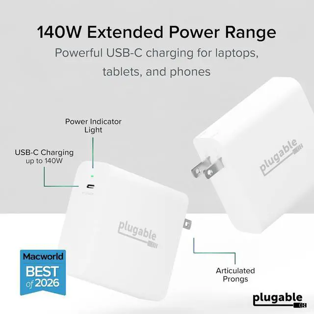 Alt view image 2 of 7 - Plugable 140W USB C Charger, GaN Wall Charger for Laptop, PD 3.1 (EPR) Power Adapter, Compatible with MacBook Pro, MacBook Air iPad Pro, Surface and USB-C Devices