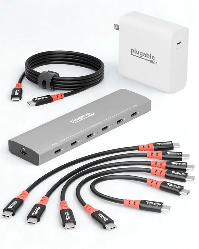 Main image of Plugable Ultimate USB-C Charging Bundle | 6-Port Charging Station with PriorityShare, 140W GaN Charger, 240W USB-C Cable & 5-Pack 6in Charging Cables