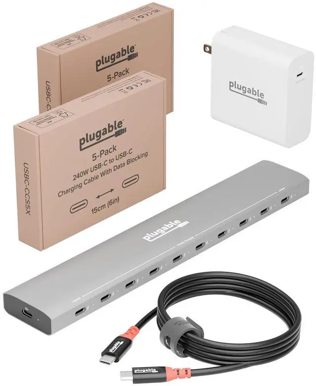 Main image of Plugable Ultimate USB-C Charging Bundle | 10-Port Charging Station with PriorityShare, 140W GaN Charger, 240W USB-C Cable & 2X 5-Pack 6in Charging Cables