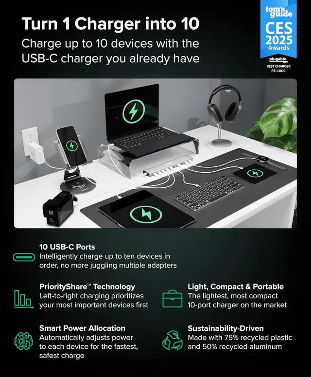 Alt view image 3 of 7 - Plugable Ultimate USB-C Charging Bundle | 10-Port Charging Station with PriorityShare, 140W GaN Charger, 240W USB-C Cable & 2X 5-Pack 6in Charging Cables