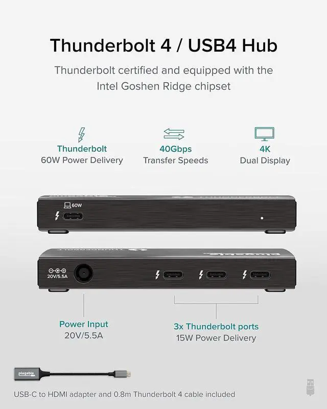 Alt view image 3 of 7 - Plugable Thunderbolt 4 Hub Bundle Includes USB-C to 4K HDMI Adapter and 7-in-1 Multiport Adapter with Ethernet, 60W Charging, Compatible with Mac, Windows Laptops, Thunderbolt 3 or 4, USB4 Devices