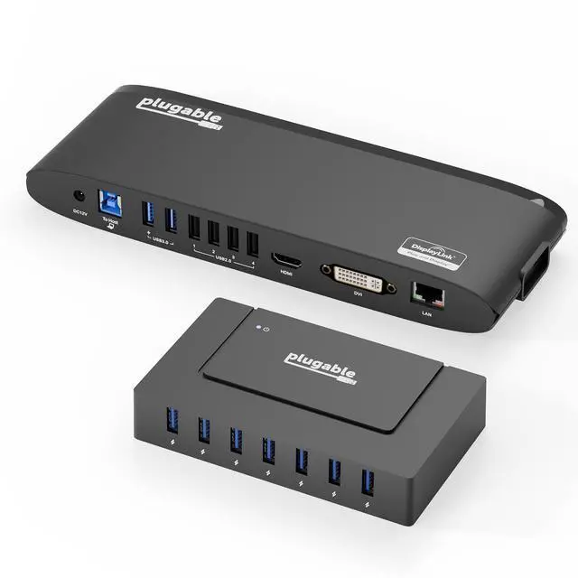 Main image of Bundle - Plugable Docking Station Dual Monitor with HDMI/DVI/VGA, USB 3.0 or USB-C, Ethernet, Audio, 6 USB Ports and 7-in-1 USB Powered Hub Ultimate Connectivity for Windows, Mac, and Chrome