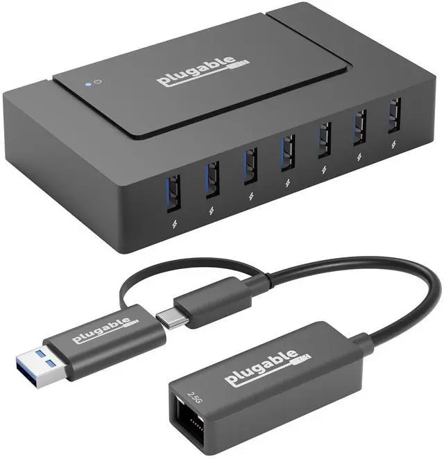 Main image of 2.5G Ethernet & USB Expansion Bundle: Plugable USB-C to 2.5Gbps Ethernet Adapter + 7-Port USB Hub with 60W Power Adapter | USB-C/USB-A, Fast LAN, High-Speed Data, macOS/Windows/Linux