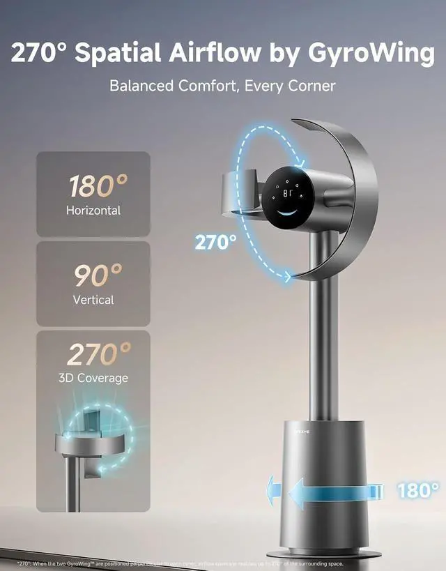 Alt view image 2 of 7 - DREAME Bladeless Tower Fan for Bedroom, Smart Standing Fan with 270° Spatial Airflow for Whole-Room Circulation, 59ft/s High Velocity, 10 Speeds 3 Modes, Temperature-Adaptive Airflow, MF10-Silver